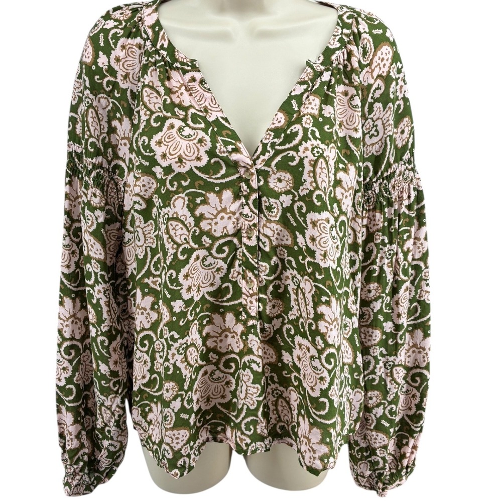 Boho Green‎ Floral Block Print Blouse Split Neck Smocked Sleeves Sz S